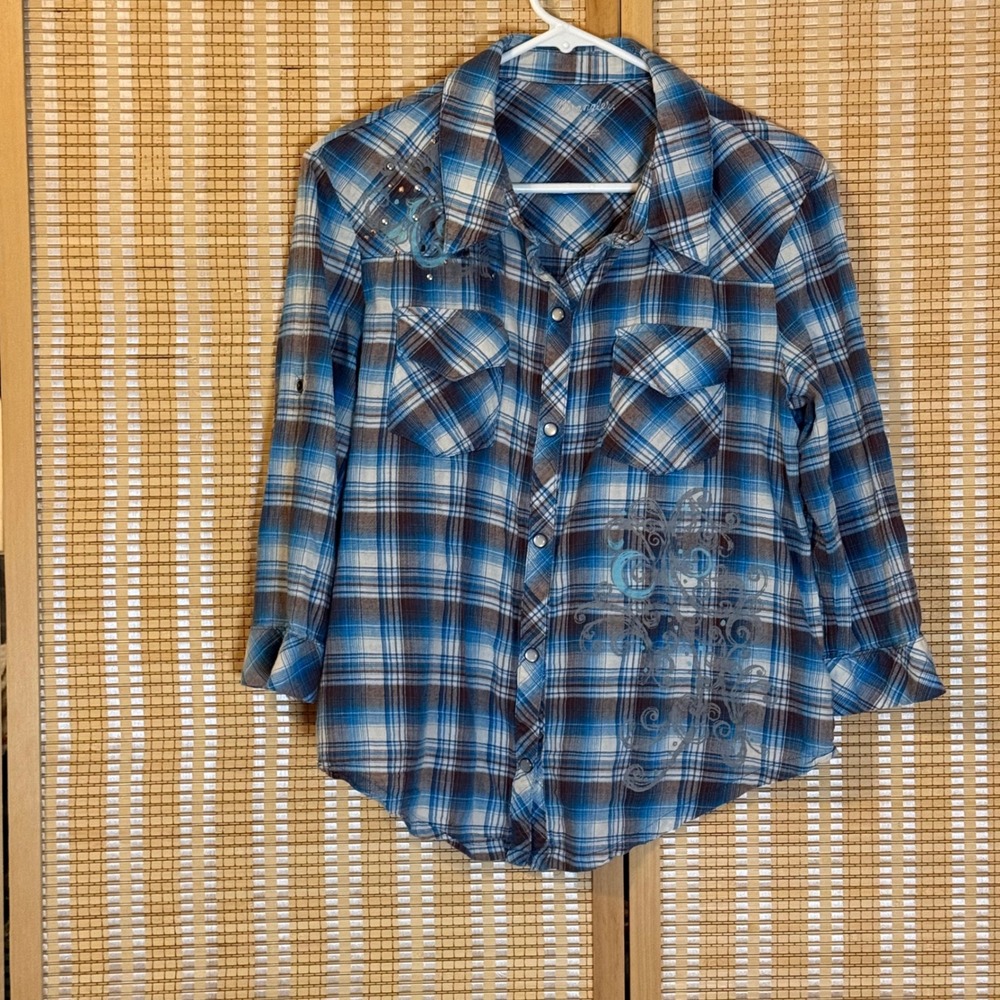 Wrangler Womens Blue Plaid Western Snap Shirt Rhinestone Scroll Graphic Large